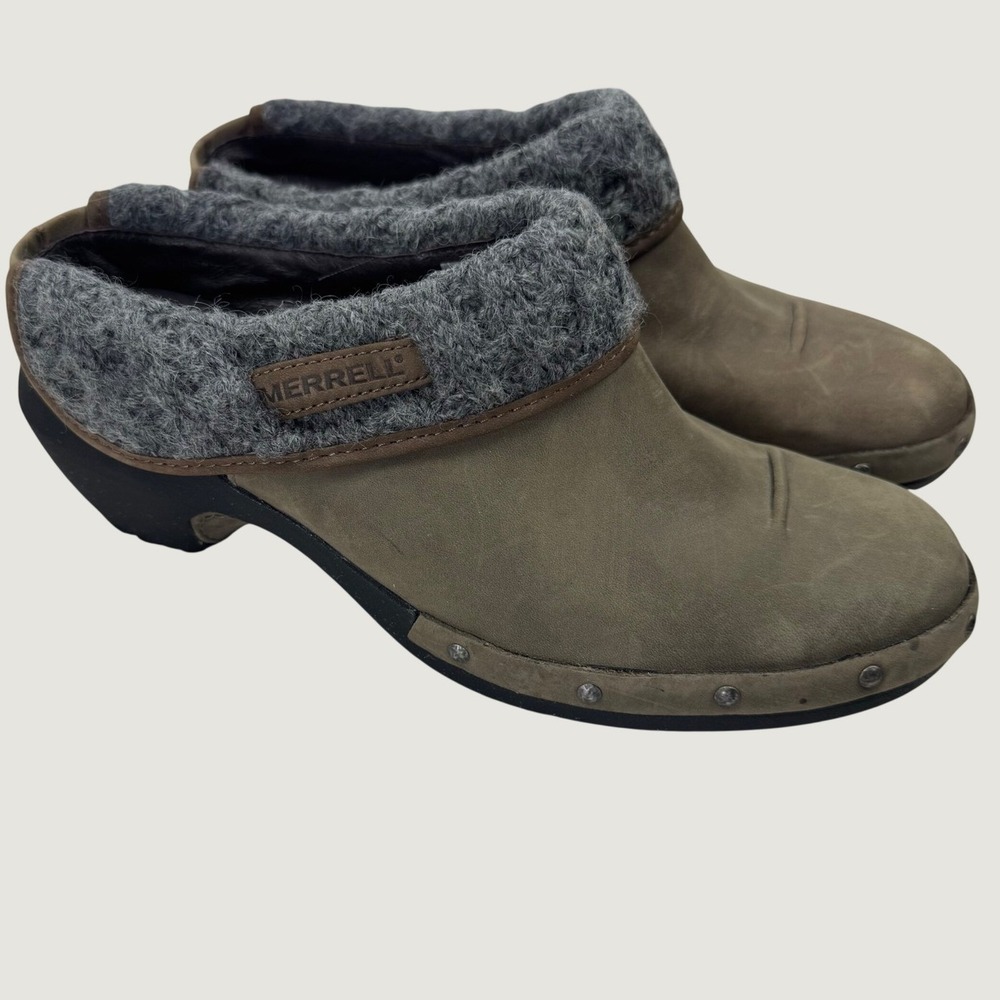 Merrell Drizzle Clogs Womens 9 Olive Brown Leather Wool Studded Comfort Gorpcore